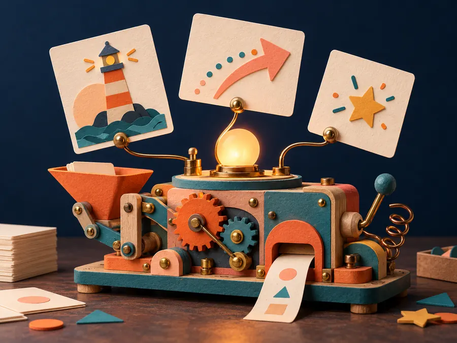 Paper challenge cards tumbling out of a colorful idea machine