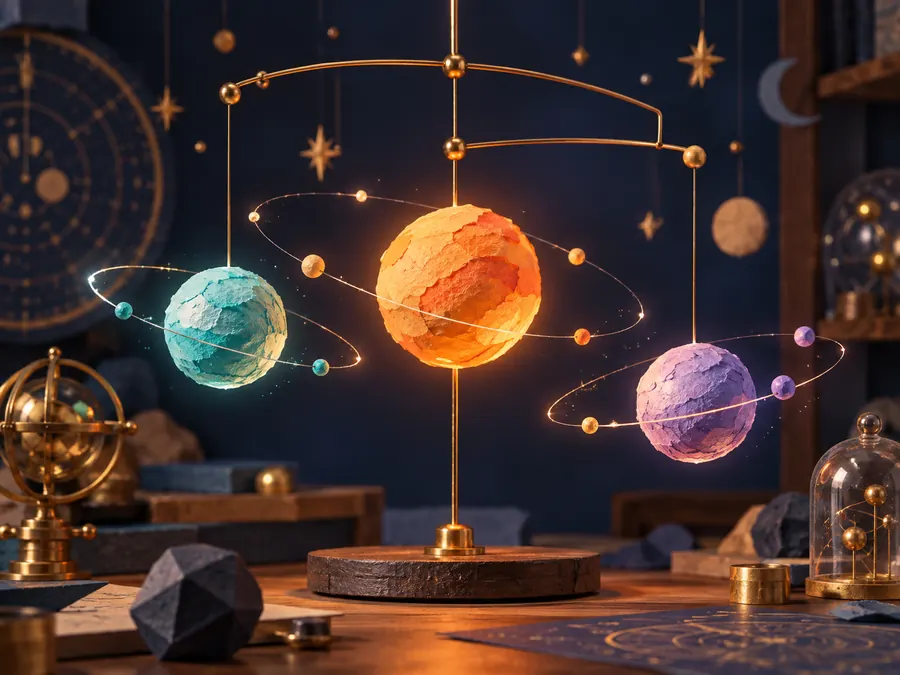 Little planets following bright orbital trails through deep blue space
