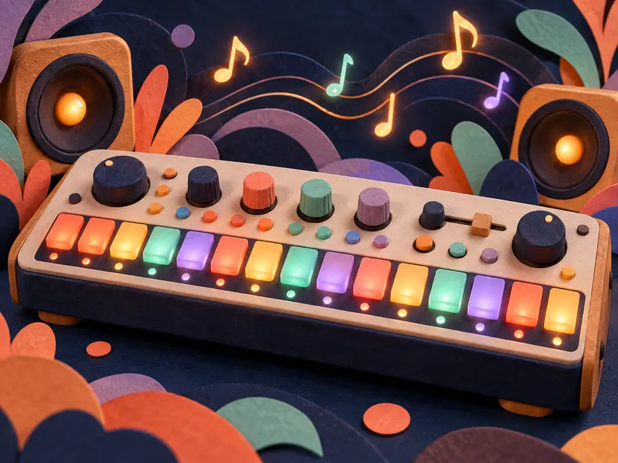 A tiny glowing music machine filled with colorful rhythms